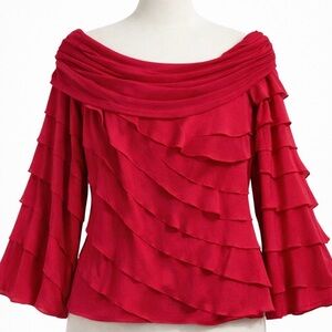 Tadashi Collection Red Ruffle 100% Silk Off-Shoulder Blouse – Size 12 Party